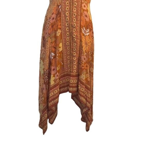 Lola P Orange Floral Print Midi Dress Crochet Neck Tie Waist Asymmetrical Hem - Picture 3 of 5